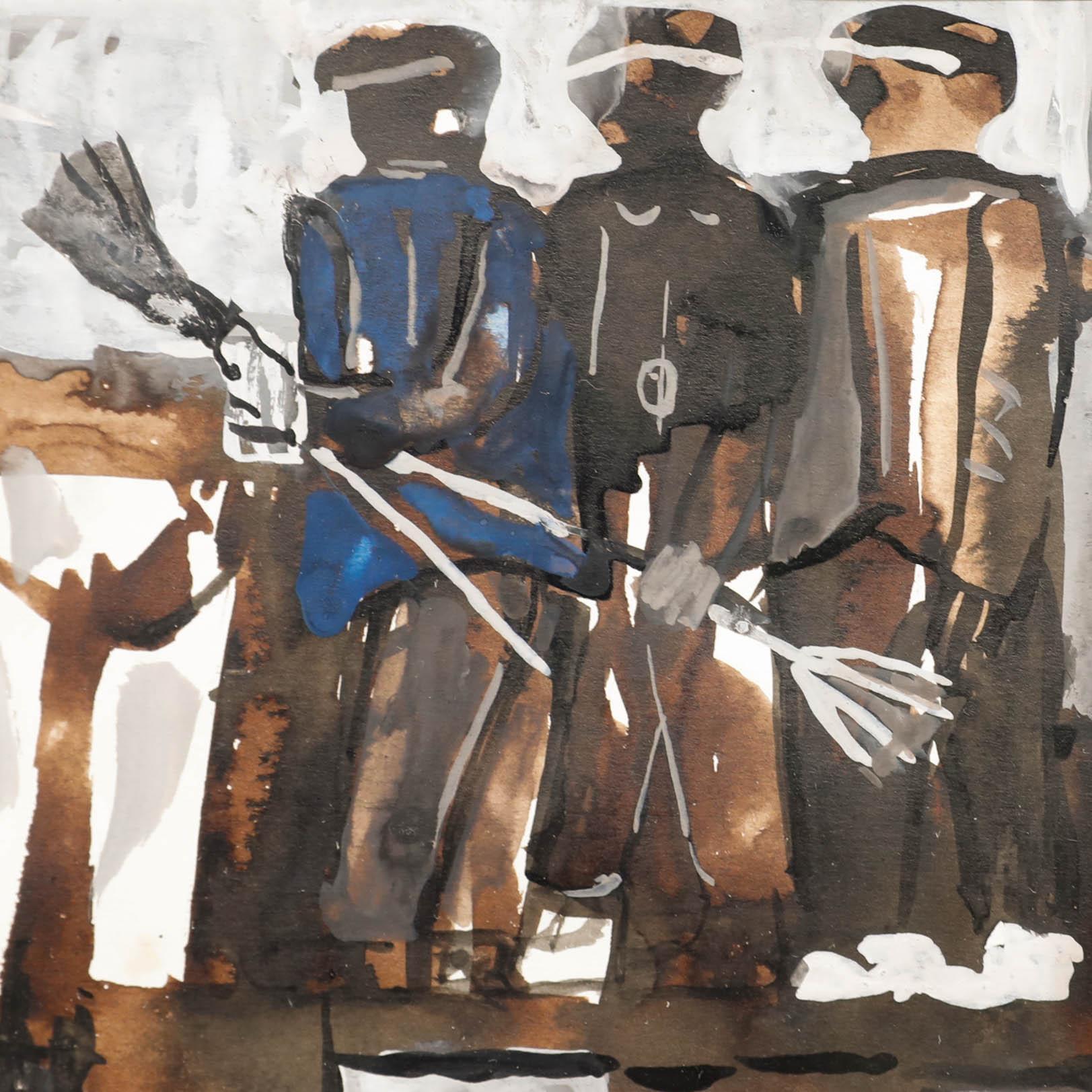 Un encantador estudio abstracto que representa a barrenderos en tonos apagados. Firmado en la parte inferior derecha. Presentado en un marco de madera. Sobre el papel.