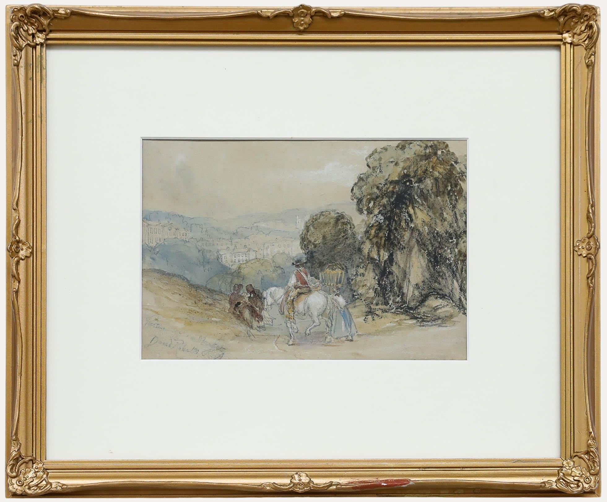 Dieses pastorale Aquarell zeigt Reisende mit Pferden, die auf einem Feldweg eine Pause einlegen, umrahmt von Laub und sanften Hügeln, die sich in eine Stadtlandschaft zurückziehen. Signiert und betitelt unten links. Präsentiert in einem vergoldeten