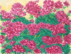 Pink Flowers with Greenery, Modern Tempera on Paper by Biagio Civale