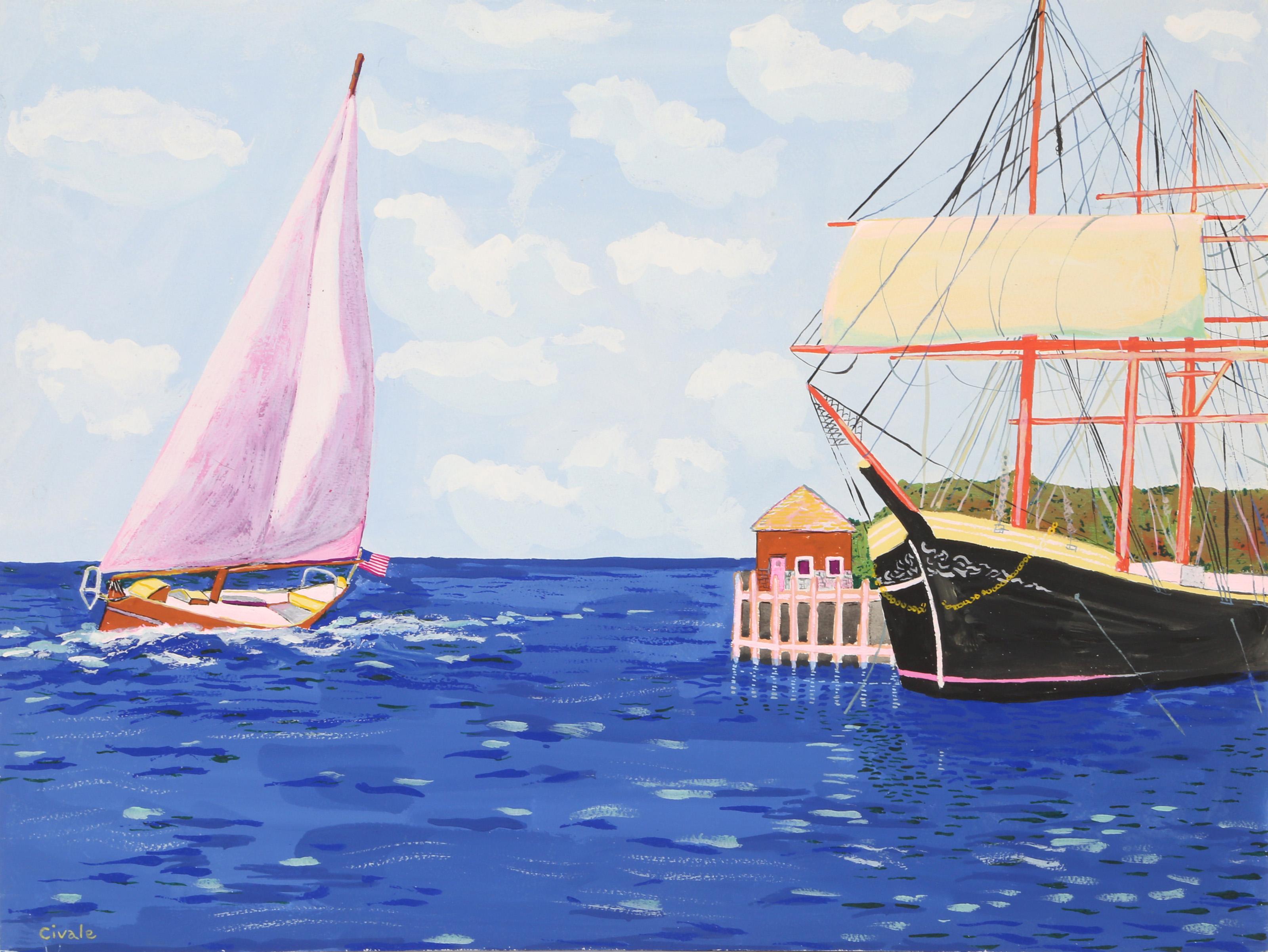 Ship and Sailboat, Modern Tempera on Paper by Biagio Civale
