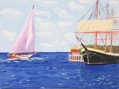 Ship and Sailboat, Modern Tempera on Paper by Biagio Civale