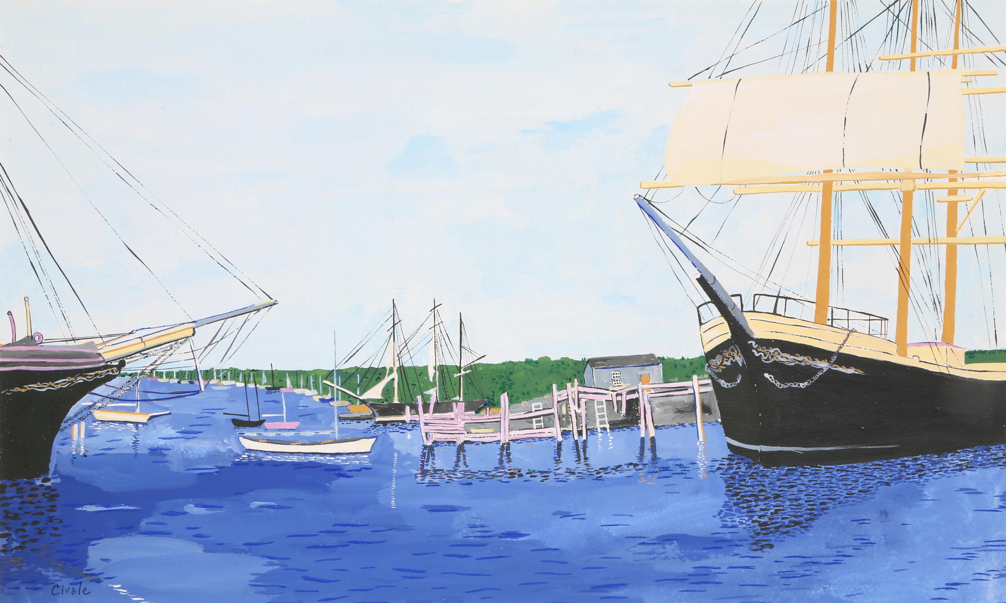 Clipper Ships, Modern Acrylic on Paper by Biagio Civale