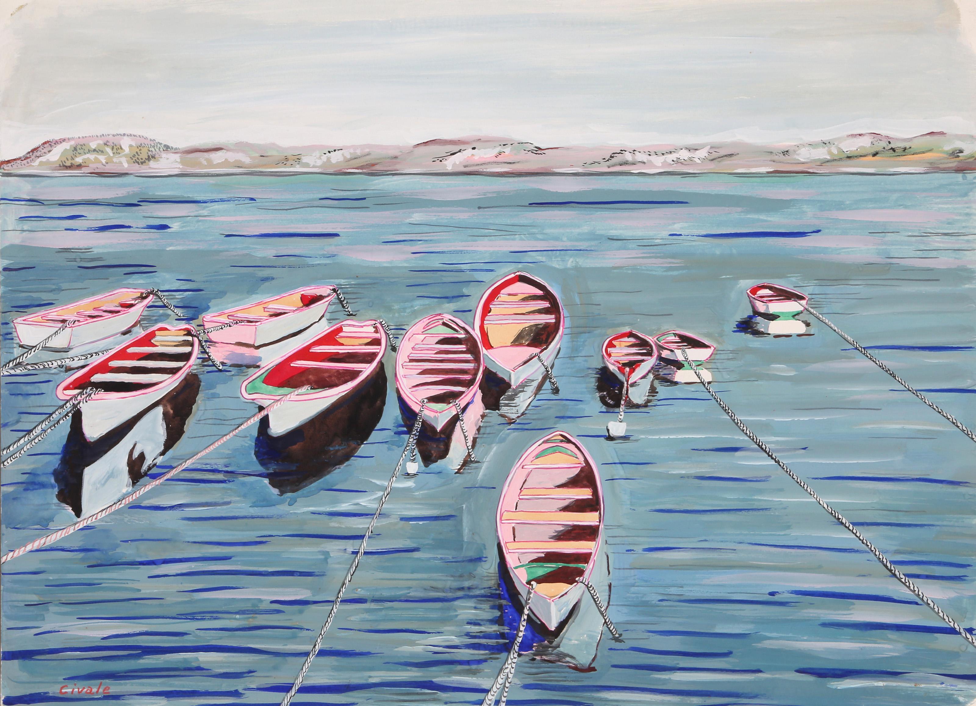 The Row Boats, acrylique moderne sur papier de Biagio Civale