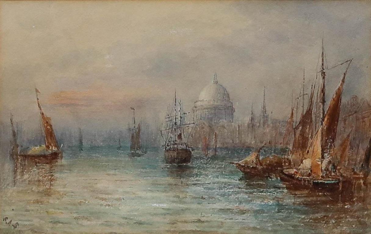 Aquarelle de la fin du 19e siècle de l'école britannique - Bateaux à voile sur la Tamise - Art de Unknown