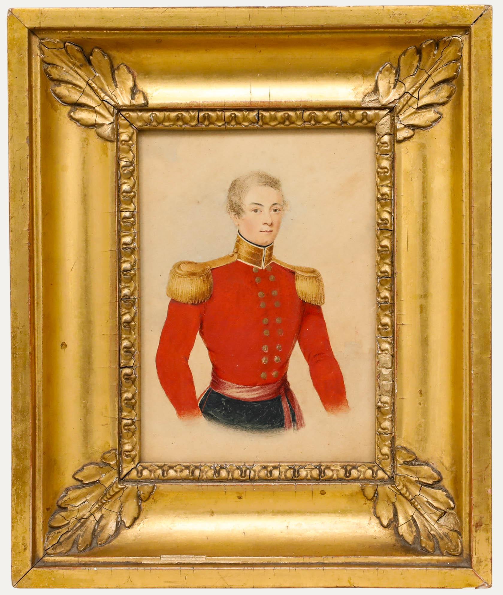 Aquarelle encadrée du début du 19e siècle - Portrait d
un officier militaire britannique