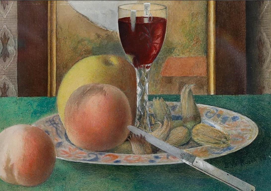 I. A. B. Rusch - Acquerello del 1878 incorniciato, Natura morta con vino e frutta - Art di Unknown