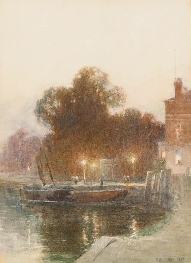 Max Ludby (1858-1943) - Aquarelle encadrée de 1893, Amarré sous la lumière de la lampe - Art de Unknown