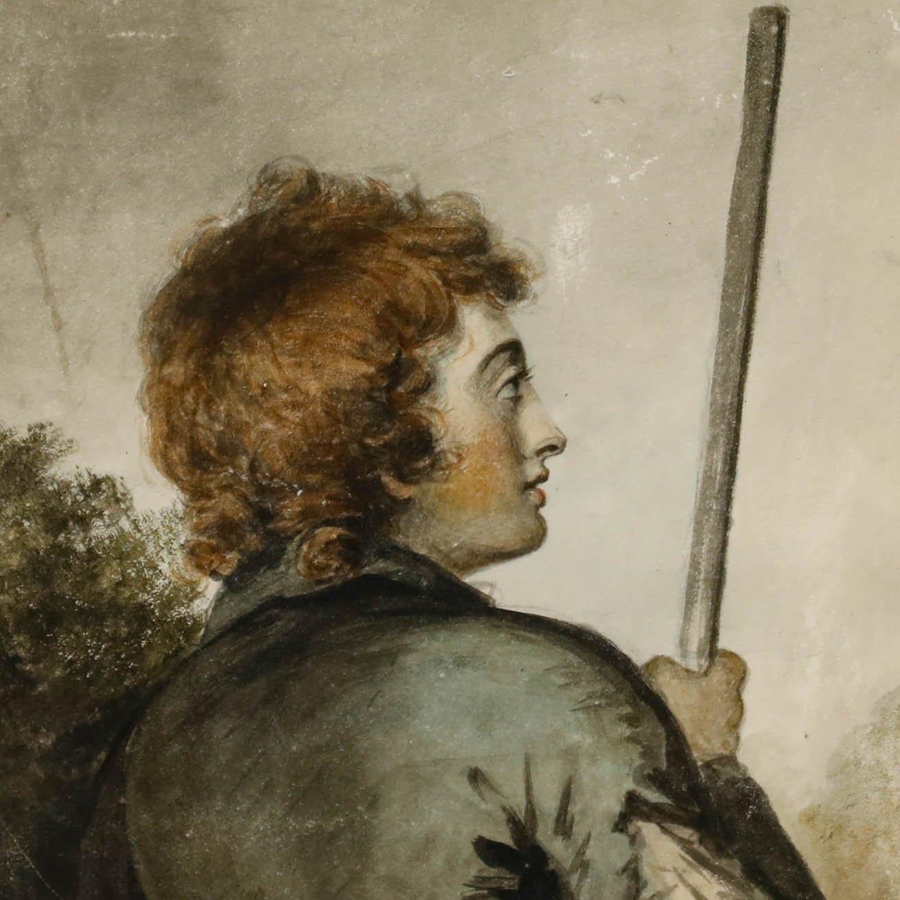 Encantador estudio en acuarela que representa a un joven pastor con un cayado. El artista capta el retrato con fríos matices grises y azules, creando una escena atmosférica. Sin firmar. Presentado en un marco negro estilo Hogarth. Sobre el papel.