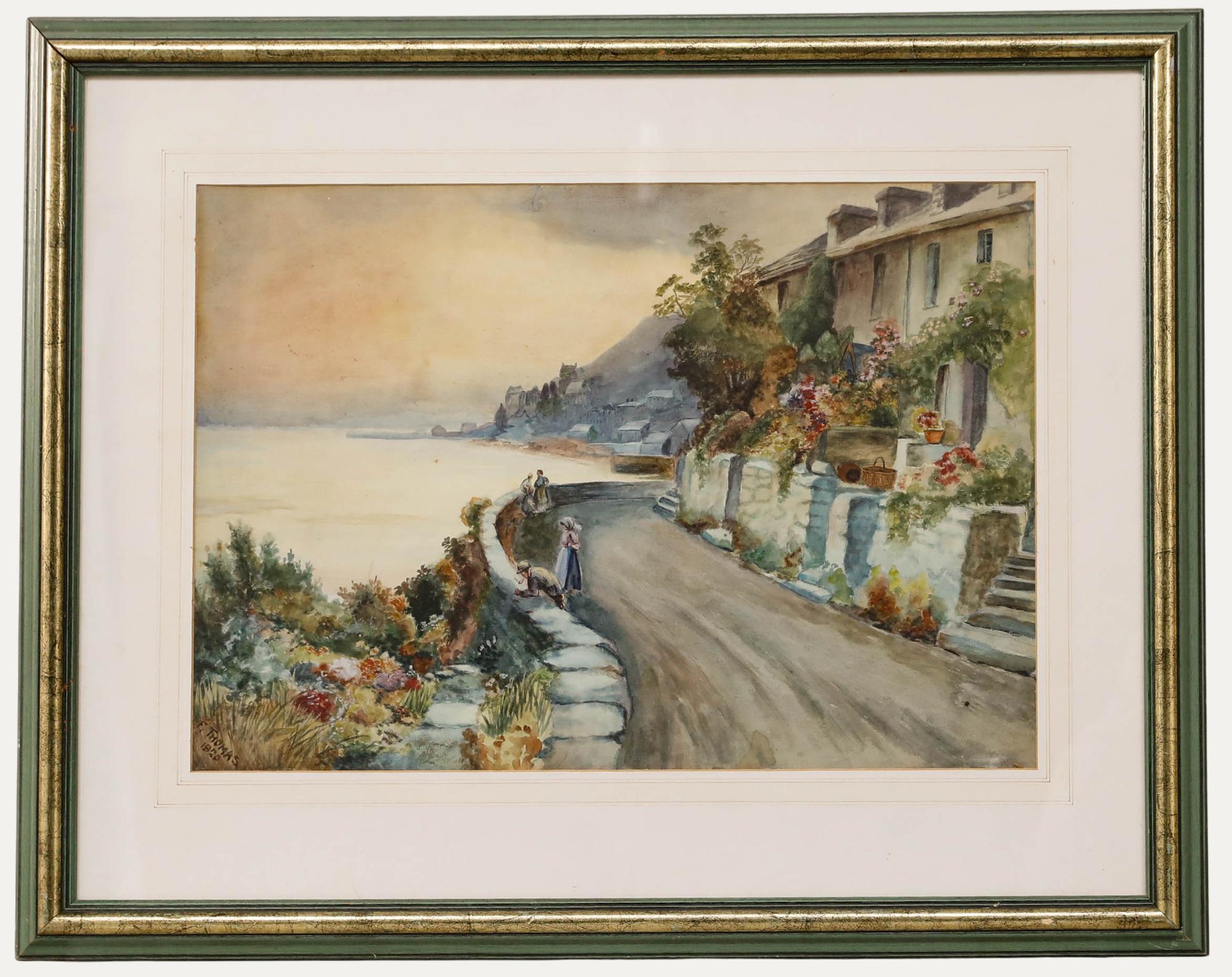 F. Thomas - 1920 Aquarell, Ansicht einer Küstenstadt