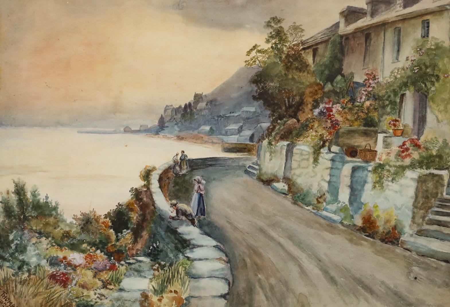 F. Thomas - 1920 Acuarela, Vista de una ciudad costera en venta 1