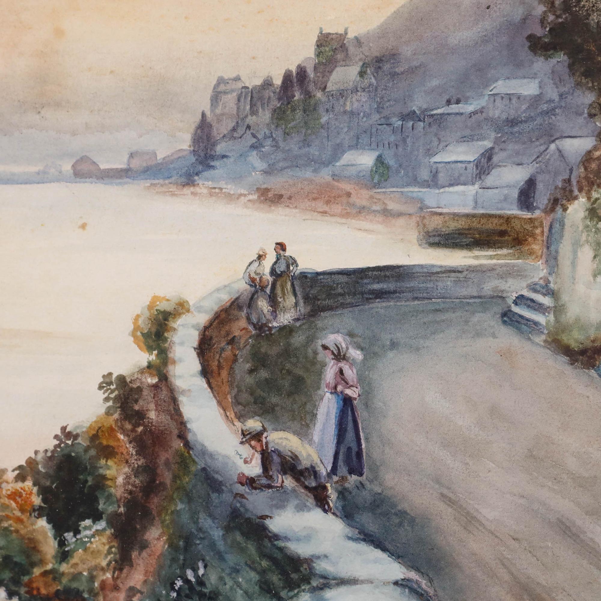 F. Thomas - 1920 Acuarela, Vista de una ciudad costera en venta 3
