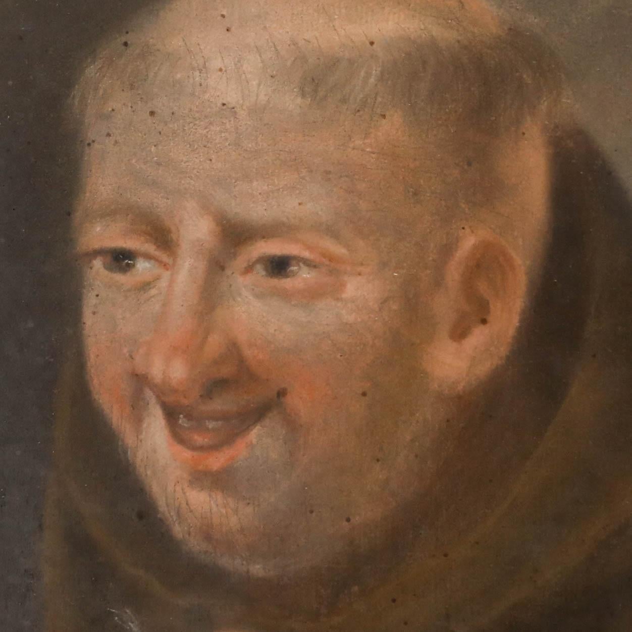 Portrait inhabituel au pastel d'un moine souriant tenant un poisson. Le poisson représente souvent le Christ dans l'art religieux. Bien présenté dans un cadre en bois. Non signée. Sur le papier. Taille de l'image : 36 x 29,5 cm.