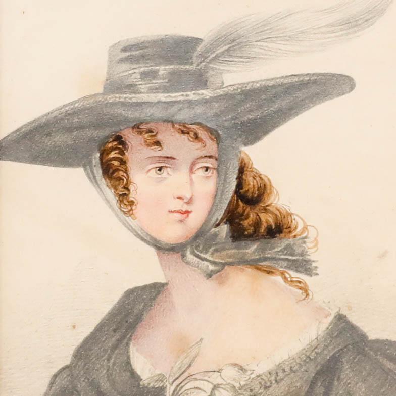 Sarah Hartnall - Aquarell aus dem 19. Jahrhundert, Porträt einer Modedame (Beige), Portrait, von Unknown