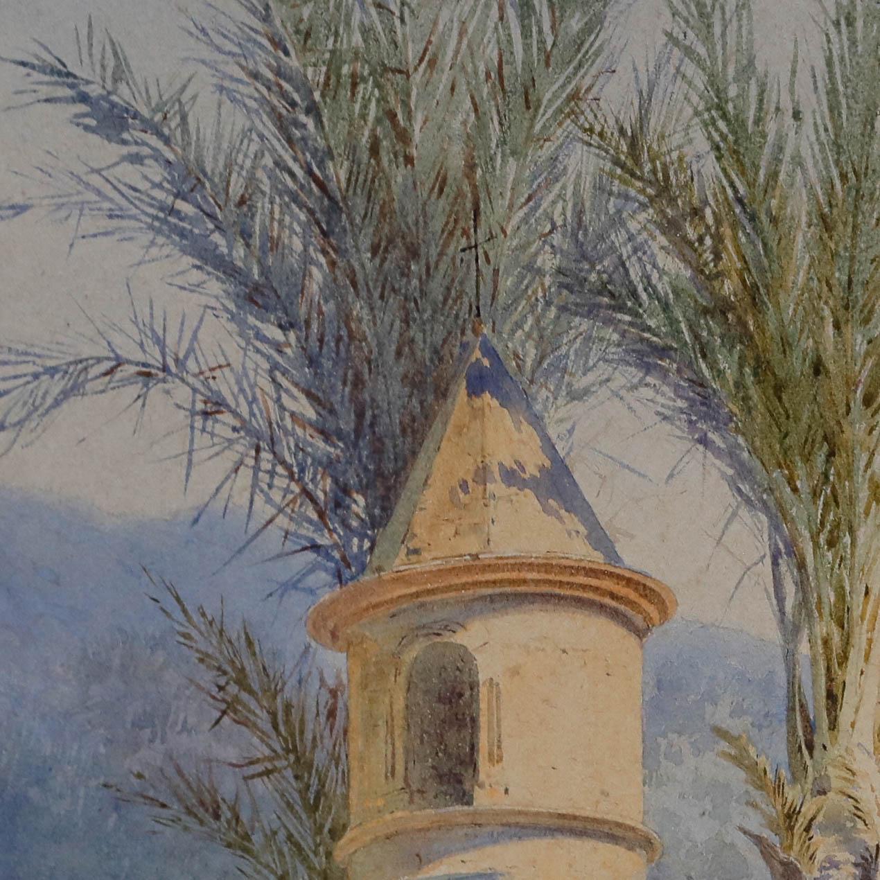 Un jeune garçon escalade un mur pour inspecter une petite tour. Signé en bas à gauche. Magnifiquement présenté dans un cadre à effet doré avec un délicat motif floral. Sur le papier. Taille de l'image : 33,5 x 23 cm.