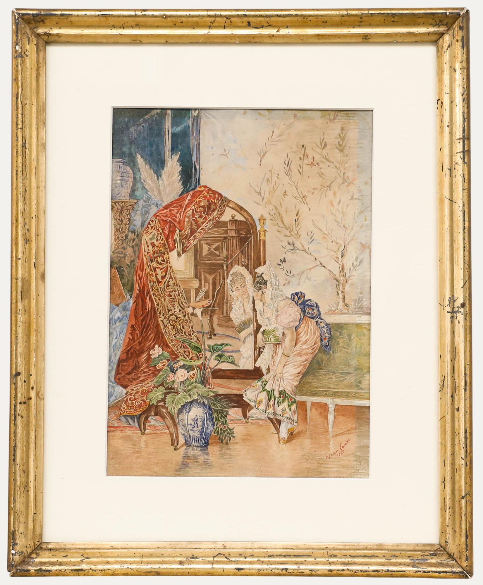 Oscar Lacaze - 1880 Acquerello, Studio di un interno italiano