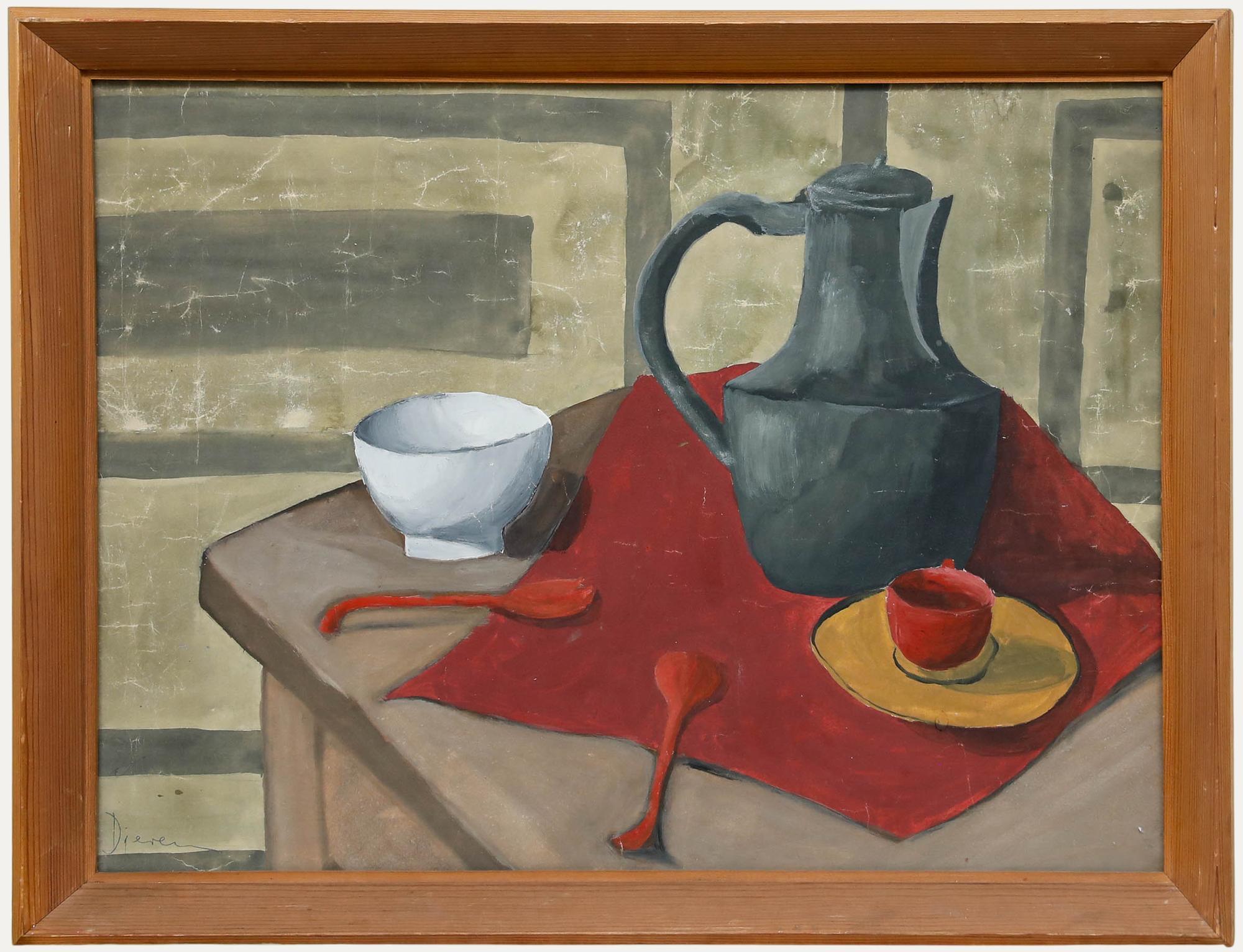 Unknown Still-Life - Dieren - Modernist Mid 20th Century Gouache, Still life with Red Spoons