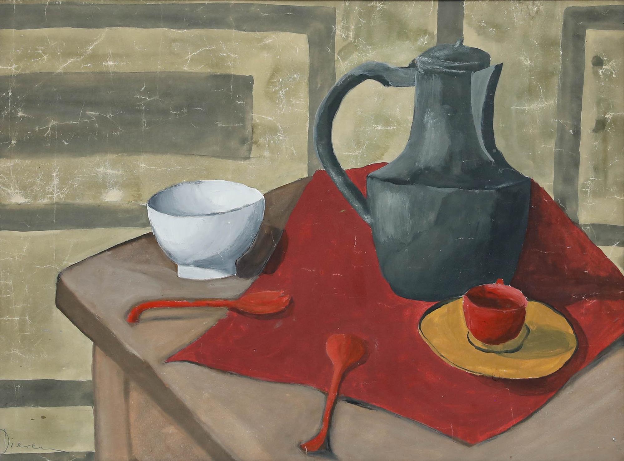 Dieren - Modernist Mid 20th Century Gouache, Still life with Red Spoons - Art by Unknown