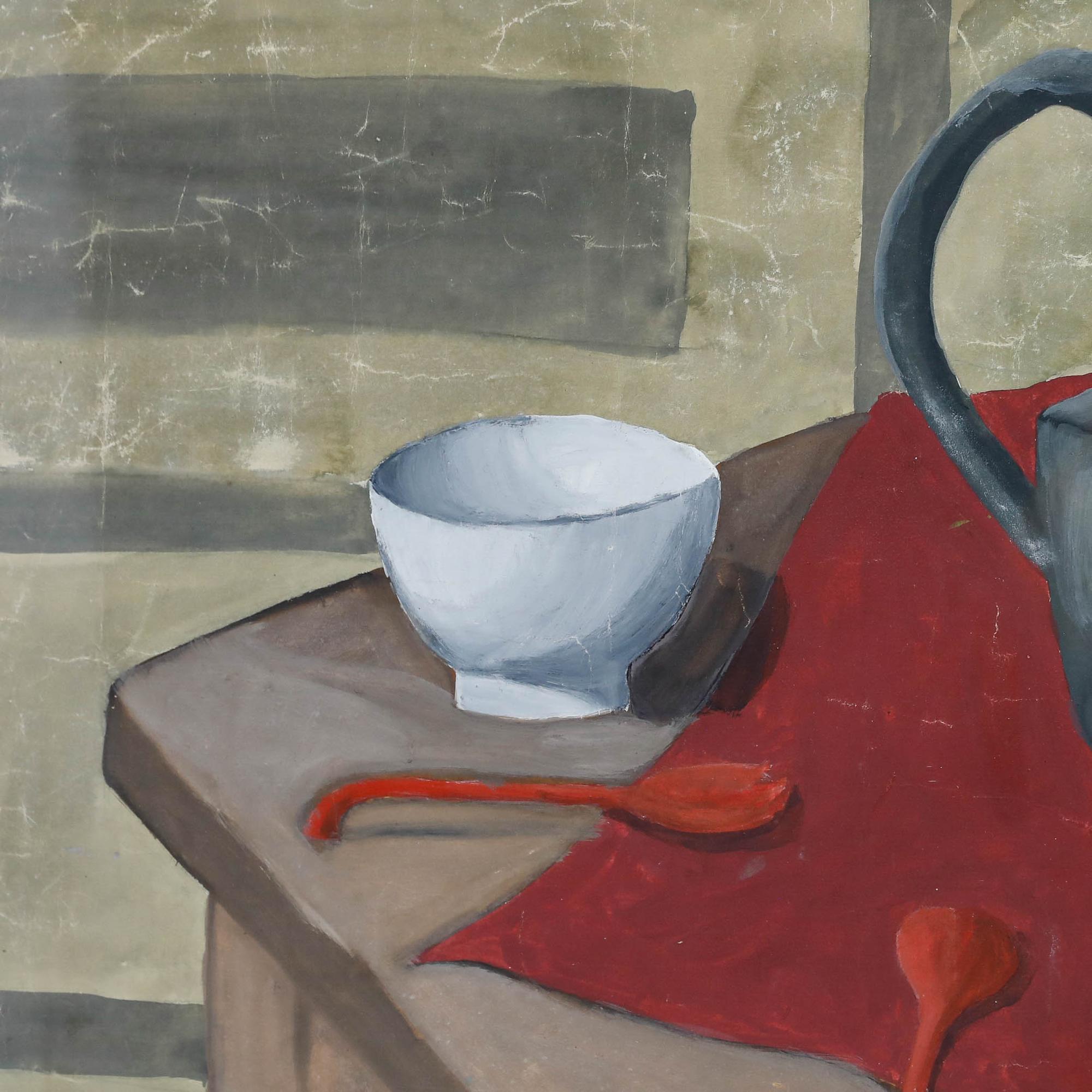 This still life composition features a dark pitcher, white bowl, small cup and saucer, and red spoons, all positioned on a wooden table with a rich burgundy cloth. Signed to the lower left. Presented in a wooden frame. On paper. Image size: 45 x