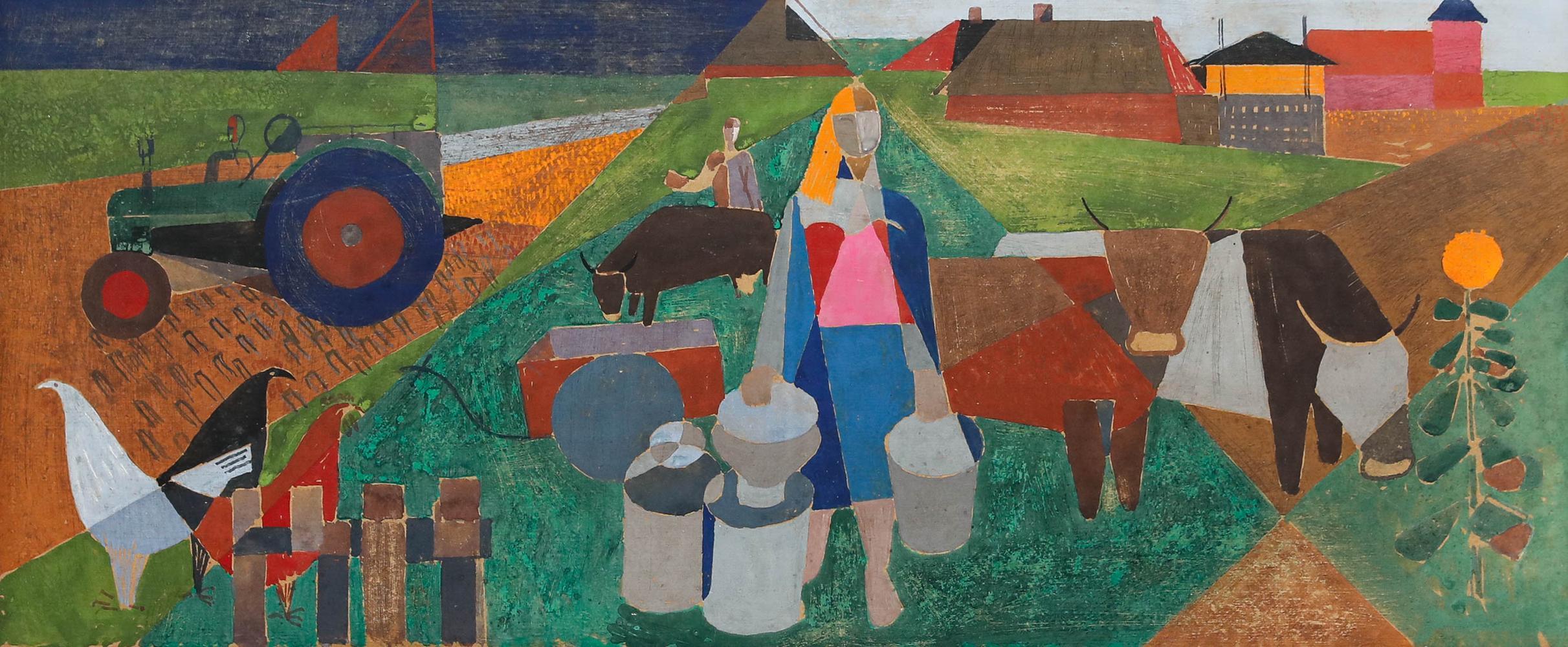 Hans Rickers (1899-1979) - Témpera modernista de mediados del siglo XX, Vida en la granja - Art de Unknown