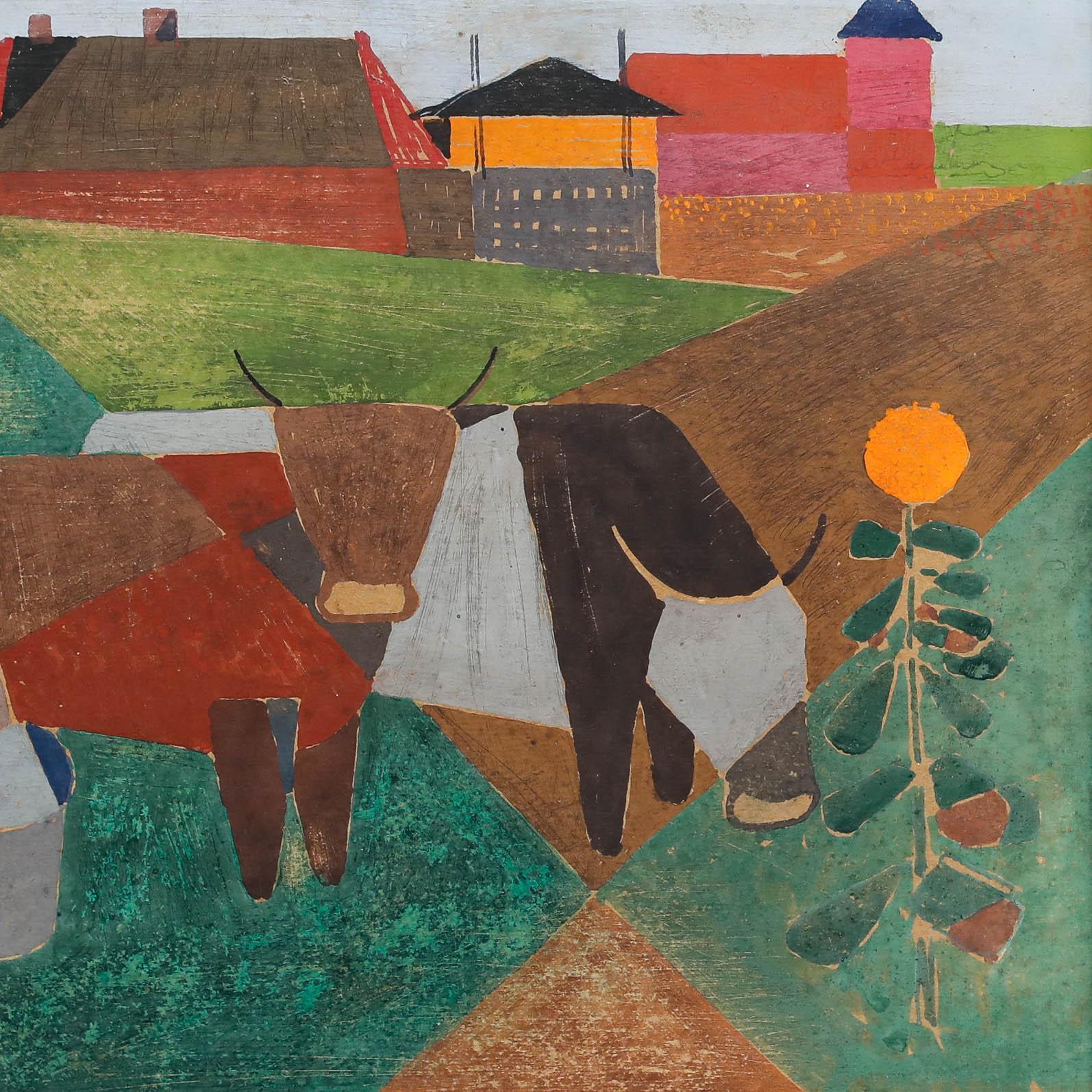 Una celebración lúdica de la agricultura y la vida rural compuesta por atrevidas formas geométricas en colores vibrantes. Una etiqueta en el reverso indica que fue diseñado como mural para el ayuntamiento del distrito de Itzehoe, en Alemania.