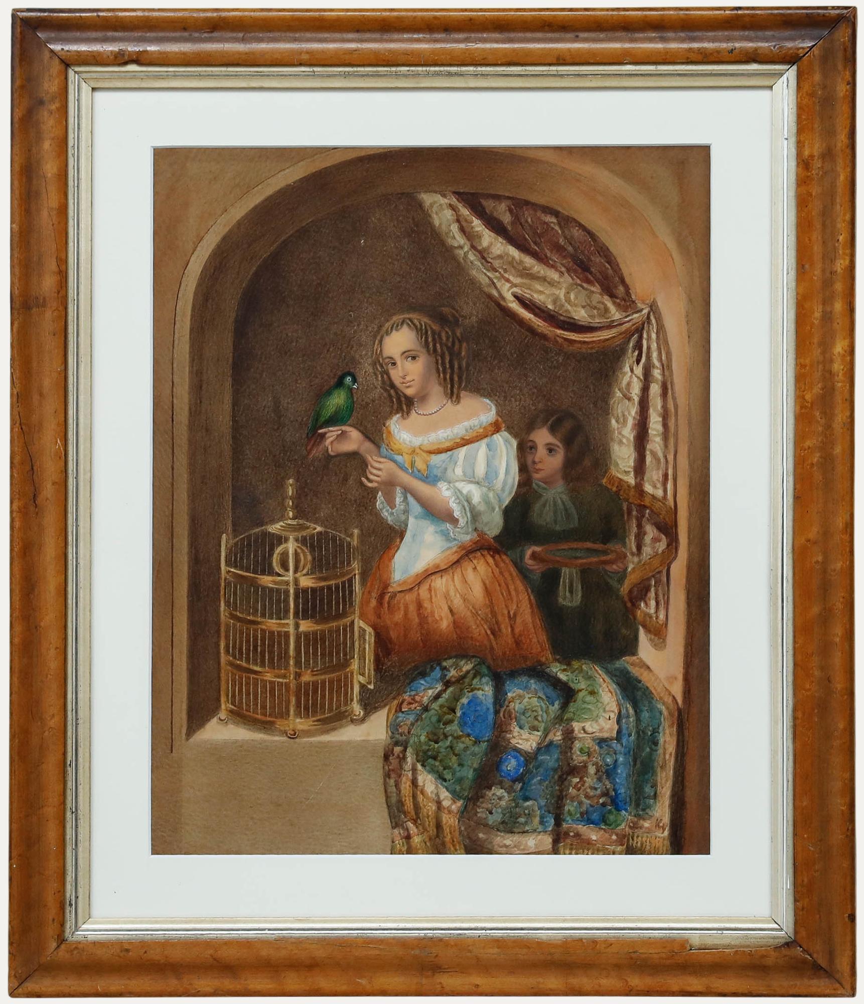 D
après Caspar Netscher Aquarelle encadrée du XIXe siècle, Une femme nourrissant un perroquet