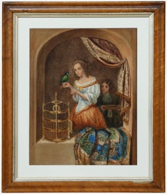 After Caspar Netscher Framed 19th Century Watercolour, A Woman Feeding a Parrot