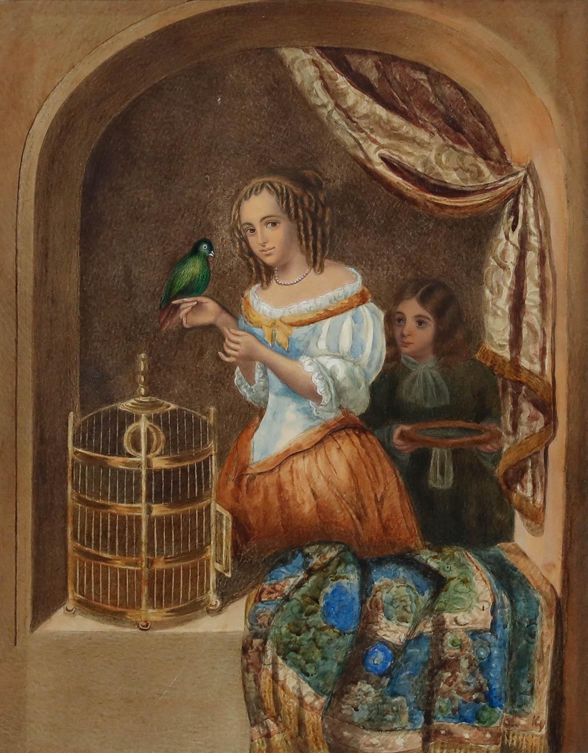 D'après Caspar Netscher Aquarelle encadrée du XIXe siècle, Une femme nourrissant un perroquet - Art de Unknown