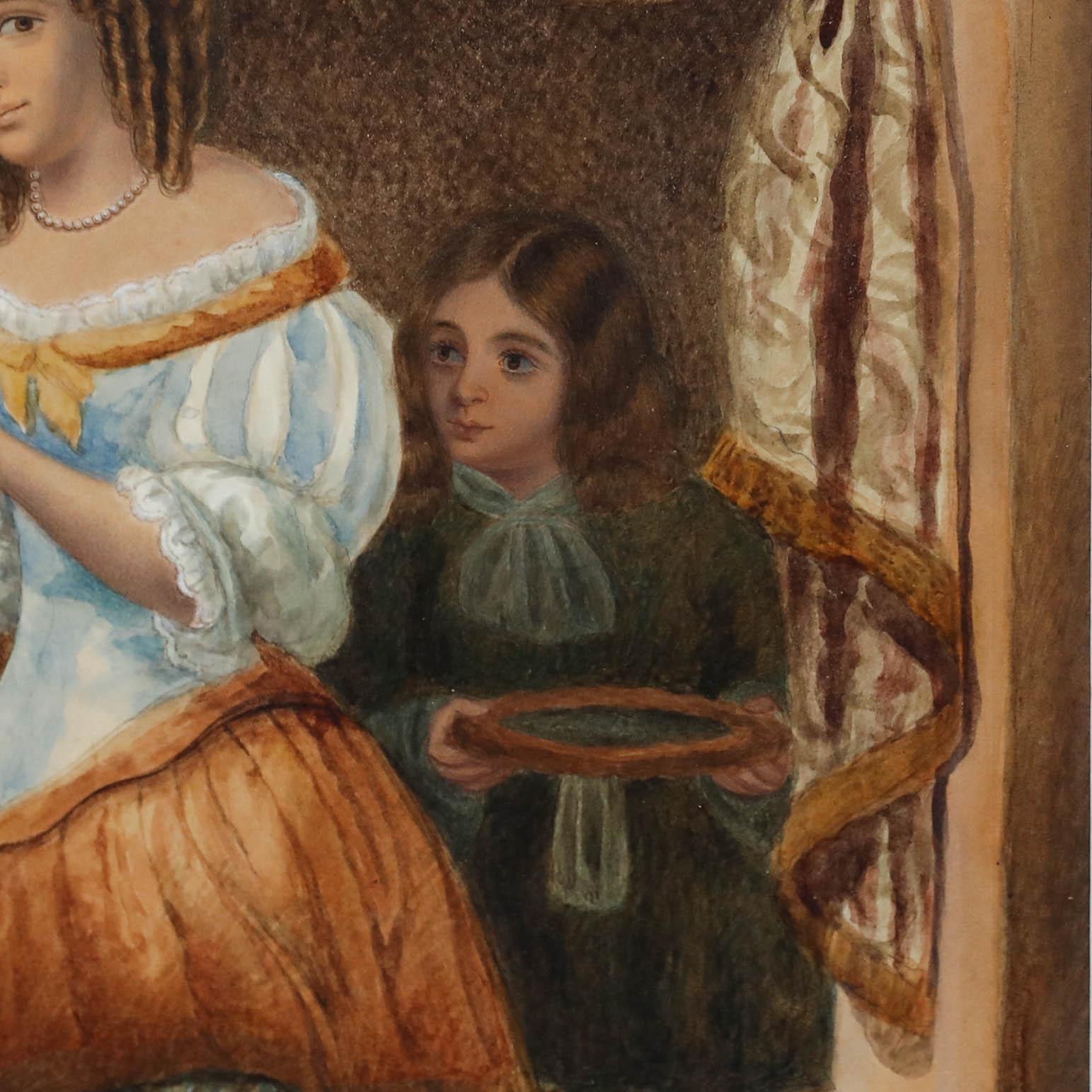 Copie réussie d'une aquarelle du 19e siècle de la peinture à l'huile originale de Caspar Netscher de 1666, Une femme nourrissant un perroquet. Magnifiquement présenté dans un cadre en érable antique vitrifié. Non signée. Sur le papier. Taille de