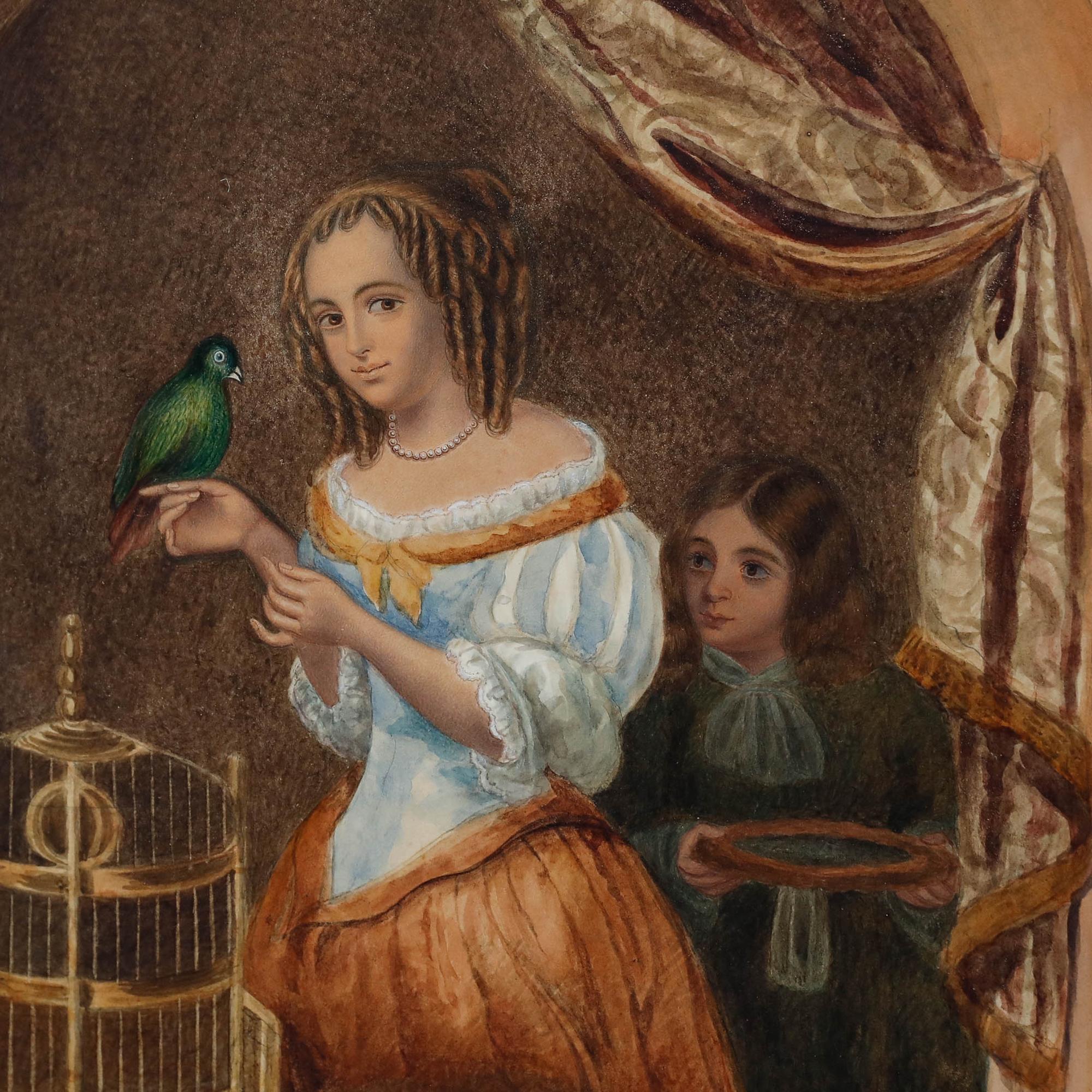 D'après Caspar Netscher Aquarelle encadrée du XIXe siècle, Une femme nourrissant un perroquet en vente 1