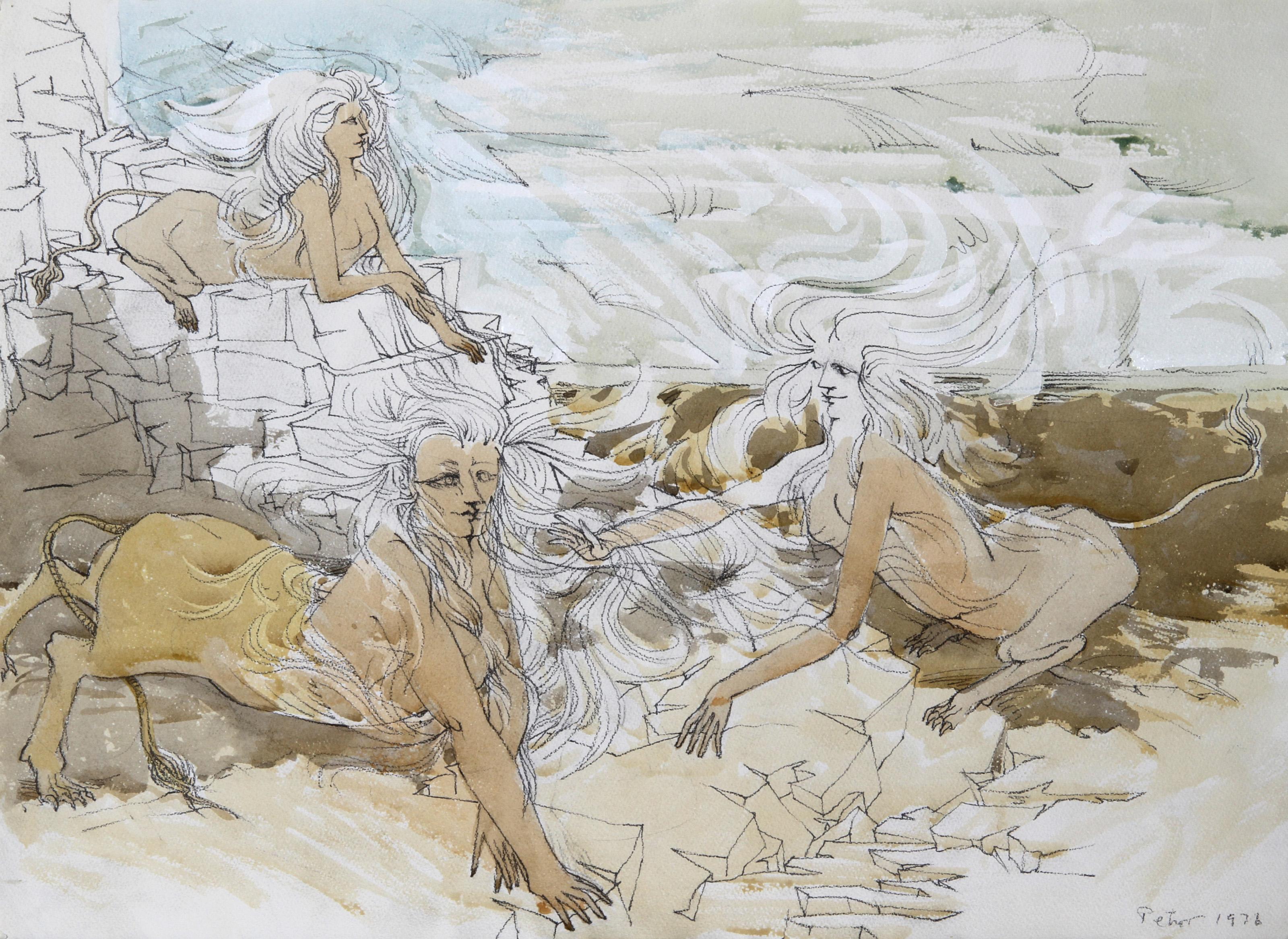 Three Sphinxes, Surrealist Pencil and Watercolor on Paper by Dimitri Petrov