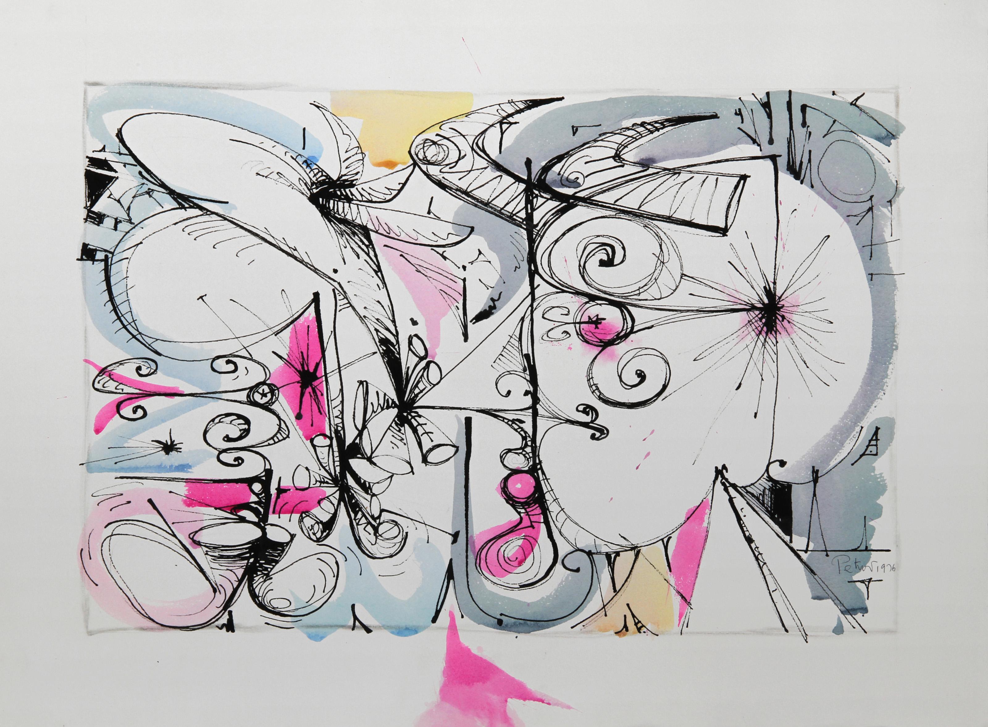 Untitled II, Cubist Ink and Watercolor on Paper by Dimitri Petrov