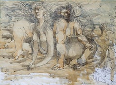 Mythical Creatures IV, Surrealist Pencil 
Watercolor on Paper by Dimitri Petrov