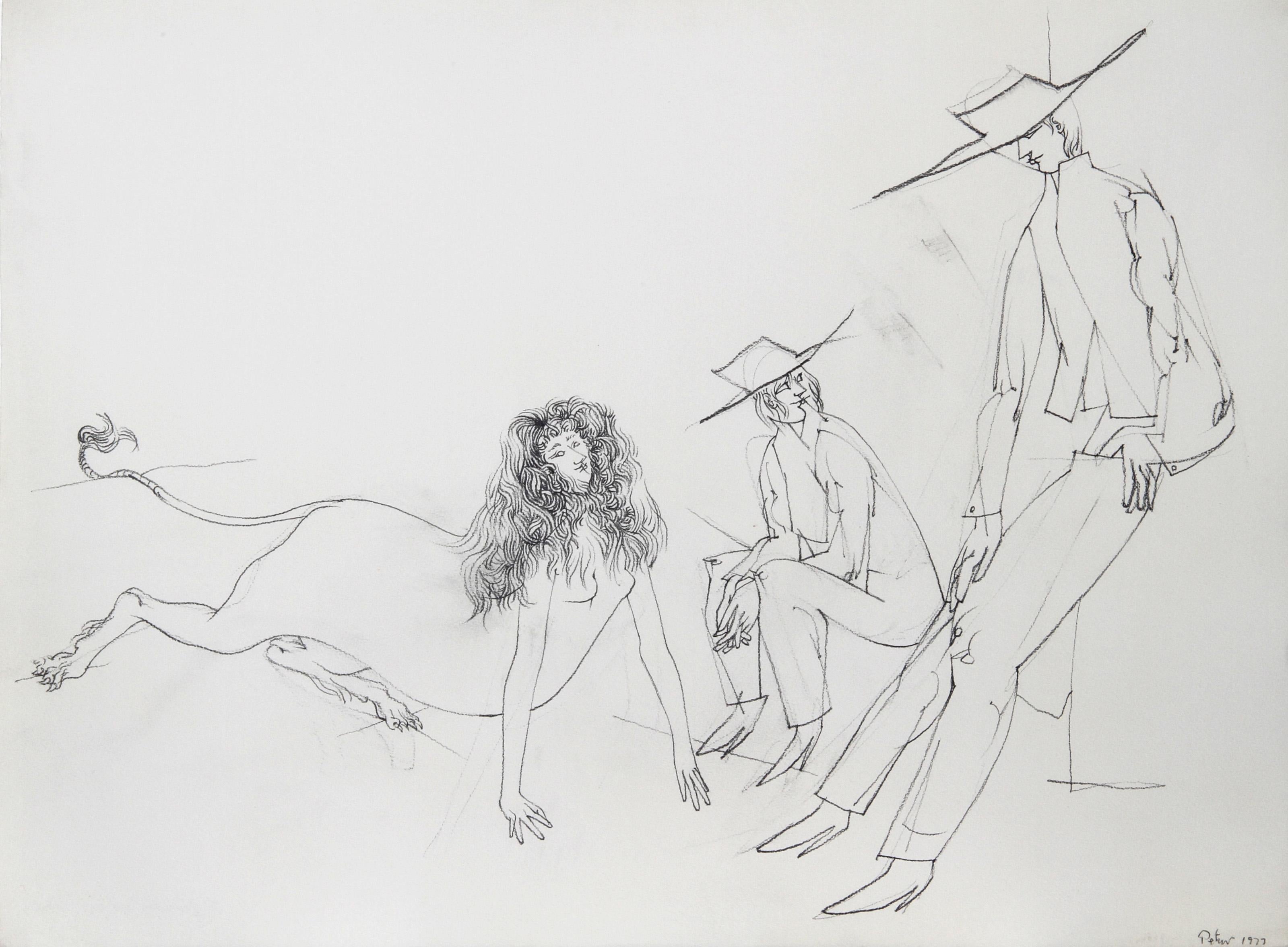Dimitri Petrov, American (1919 - 1986) - Sphinx and Cowboys, Year:  1977, Medium:  Pencil on Paper, Size:  22  x 29.5 in. (55.88  x 74.93 cm)