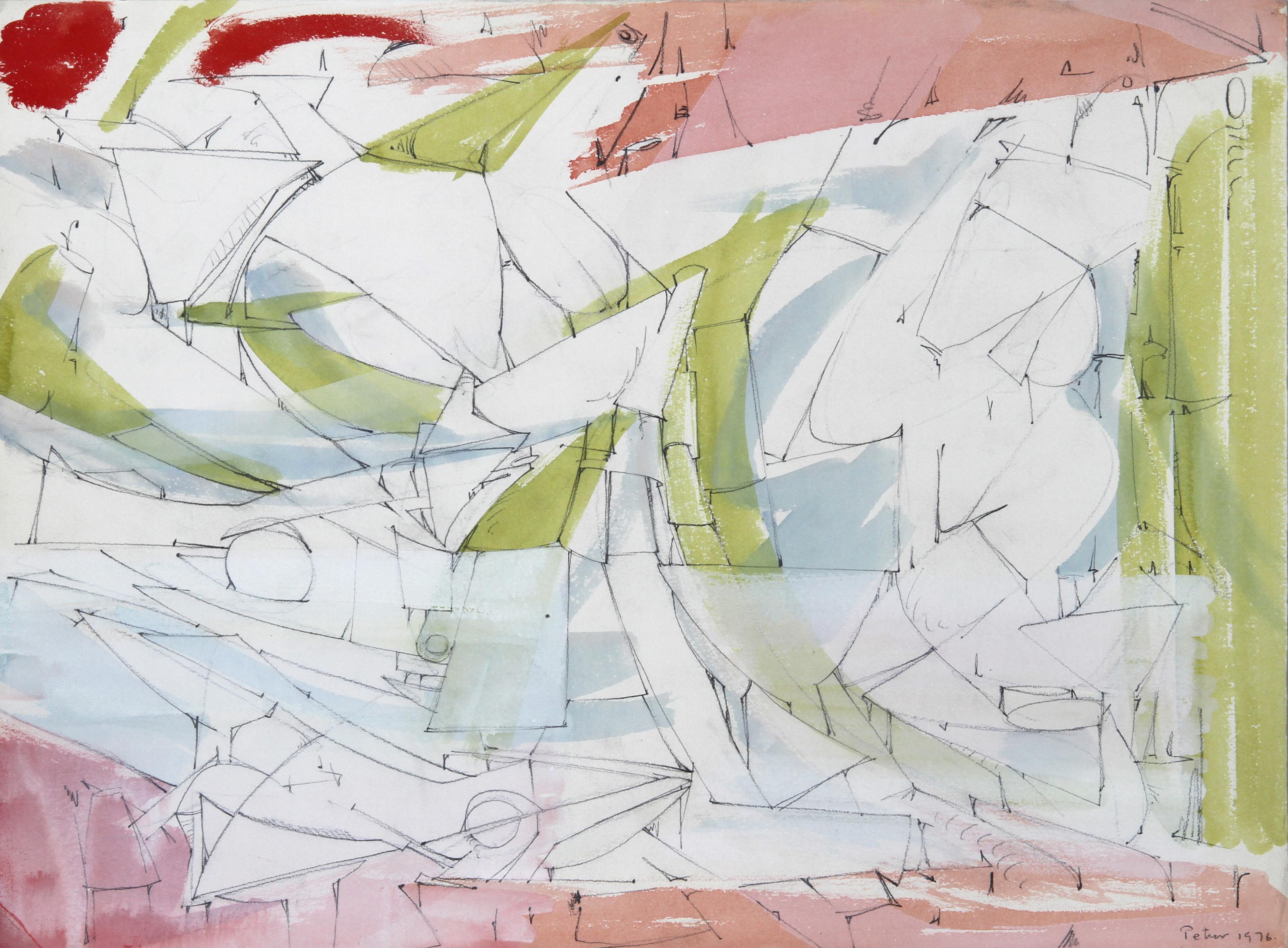 Cubist Abstract, Surrealist Watercolor and Pencil Drawing by Dimitri Petrov