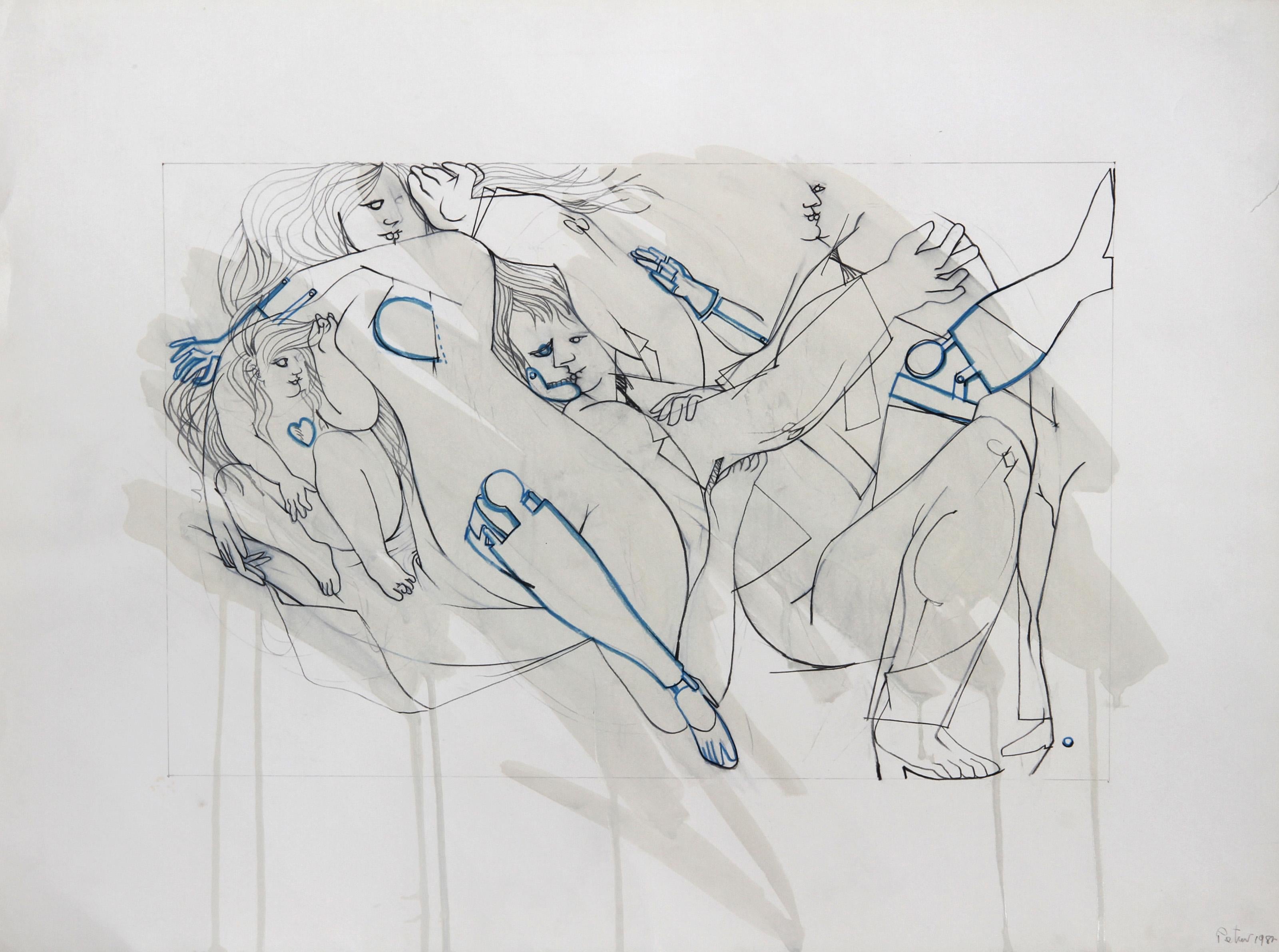 Mechanical Love, Surrealist Ink Drawing by Dimitri Petrov