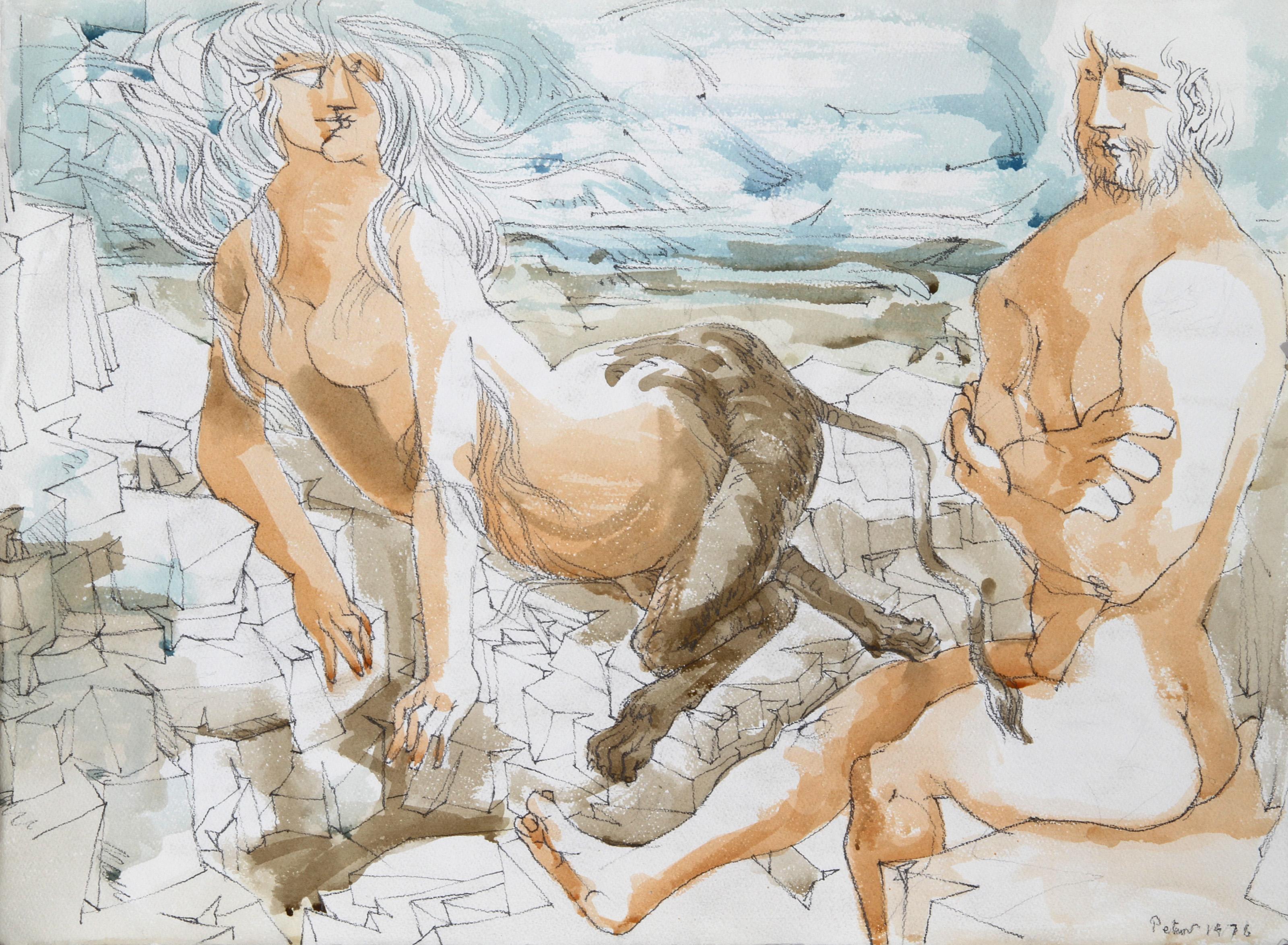 Mythical Creatures I, Surrealist Watercolor and Pencil Drawing by Dimitri Petrov