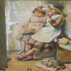 J. Lawson - Gerahmtes Aquarell aus dem frühen 20. Jahrhundert, Mary Had a Little Lamb
