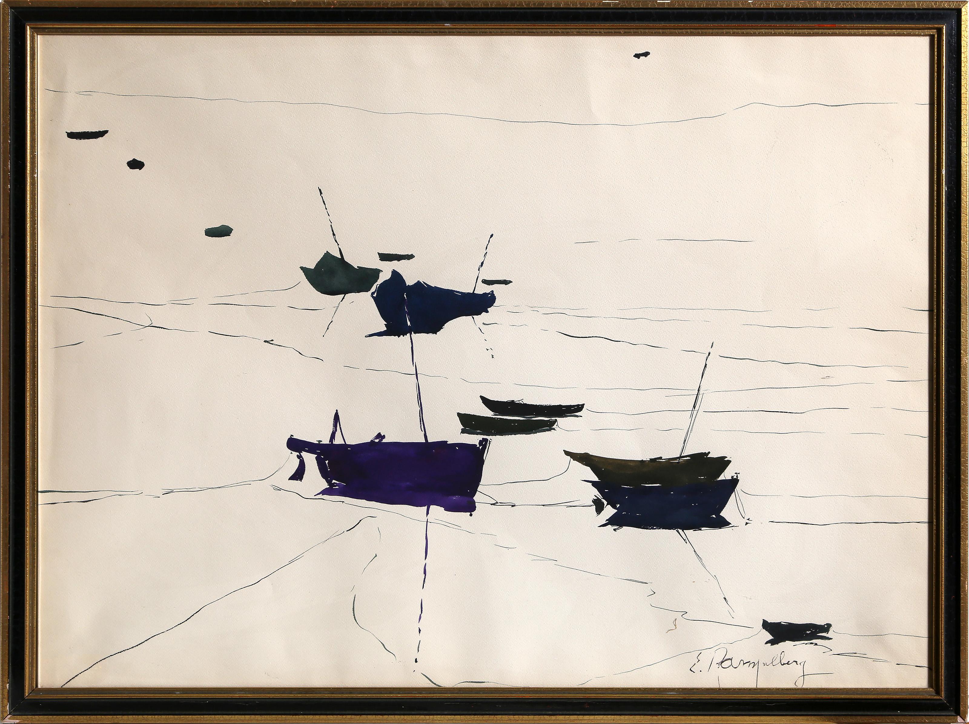 Silhouettes de bateau, aquarelle impressionniste d'Emile Rampelberg