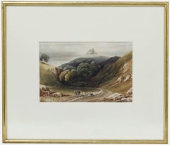 Acquerello della metà del XIX secolo - Paesaggio montano con pastori