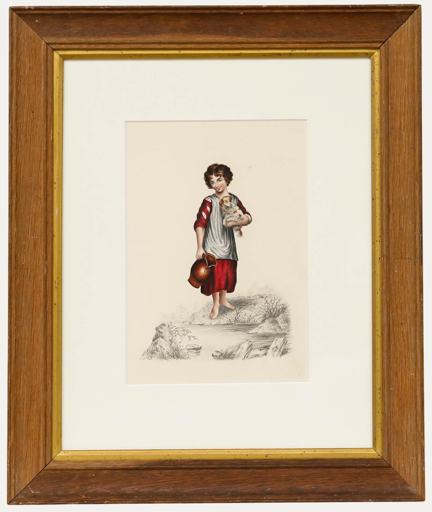 Unknown Portrait - Early 19th Century Watercolour - Girl with Spaniel