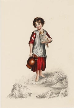 Early 19th Century Watercolour - Girl with Spaniel