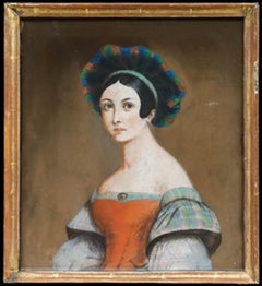 European School c.1830 Pastel - Lady with the Striped Headdress