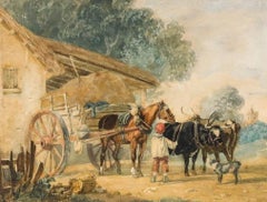 Framed Mid 19th Century Watercolour - The Haywagon & Working Oxen