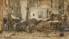 Mid 19th Century Watercolour - Market in Rotterdam
