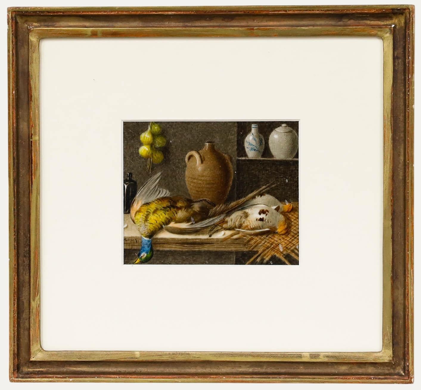A fine study of game birds in a pantry interior surrounded by ceramics. Signed to the lower left quadrant. Presented in a rustic part gilt frame. Image size: 9 x 11cm.