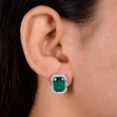 6.05Ct Zambian Emerald Halo 0.82Ct Diamond Stud Earrings 18K White Gold Jewelry