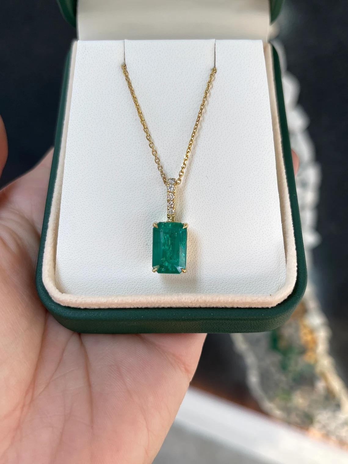 Modernist 6.05tcw 18K Fine Emerald Cut Emerald Prong Set & Diamond Bale Accent Pendant 750 For Sale