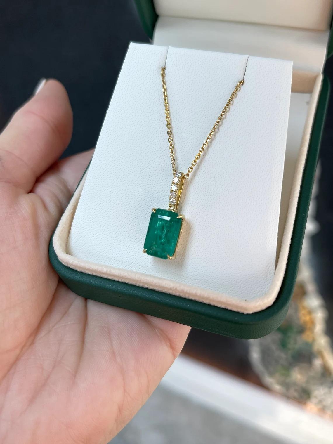 Women's 6.05tcw 18K Fine Emerald Cut Emerald Prong Set & Diamond Bale Accent Pendant 750 For Sale