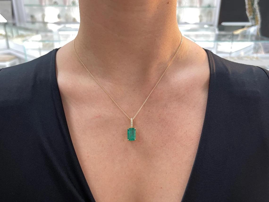 6.05tcw 18K Fine Emerald Cut Emerald Prong Set & Diamond Bale Accent Pendant 750 For Sale 1