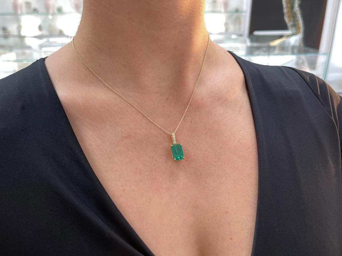 6.05tcw 18K Fine Emerald Cut Emerald Prong Set & Diamond Bale Accent Pendant 750 For Sale 3